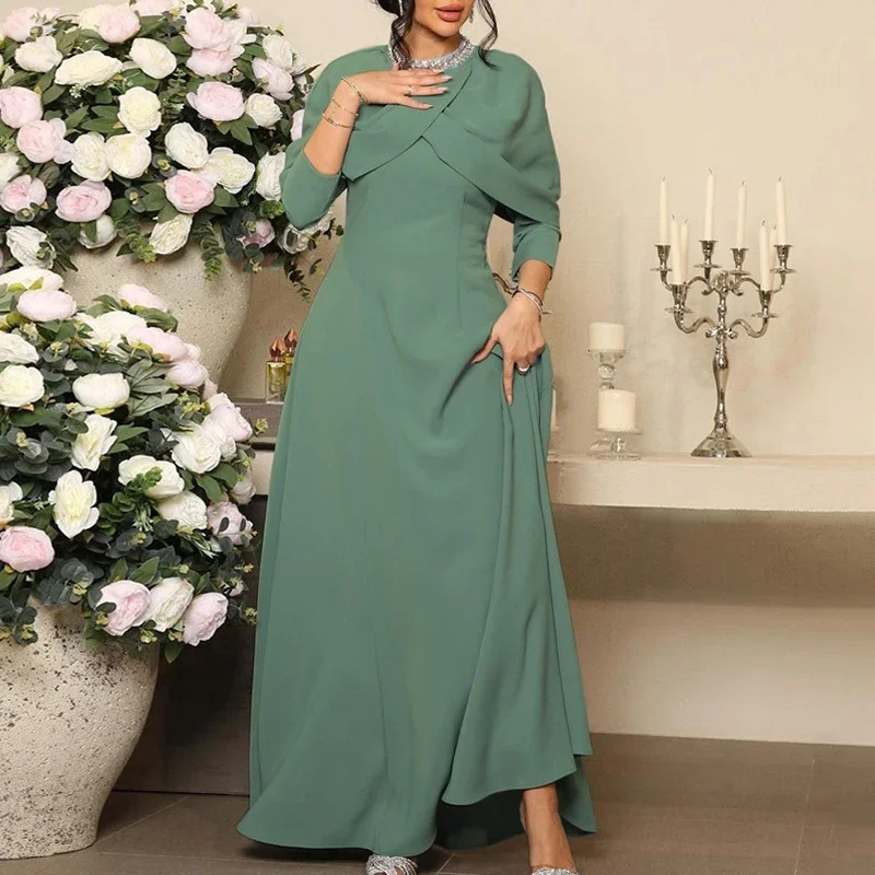 Autumn Winter Elegant Solid Color Office Dresses For Women O Neck Shawl Pearl Diamond Sequin High Waist Holiday Long Maxi Dress - Image 3