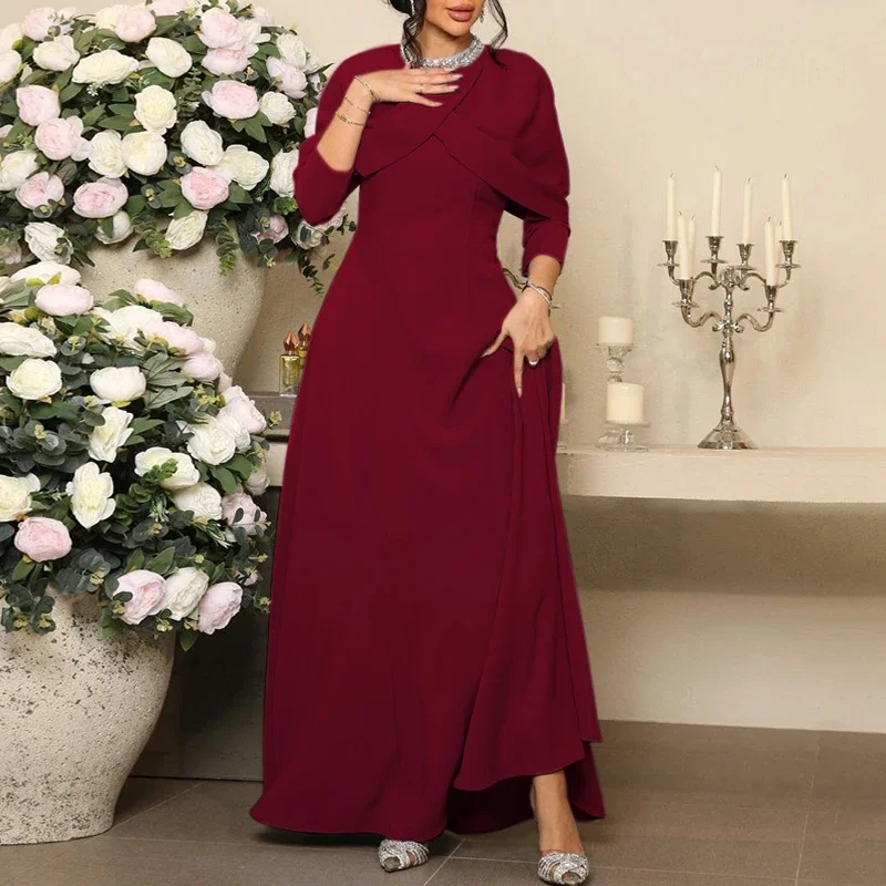 Autumn Winter Elegant Solid Color Office Dresses For Women O Neck Shawl Pearl Diamond Sequin High Waist Holiday Long Maxi Dress - Image 2